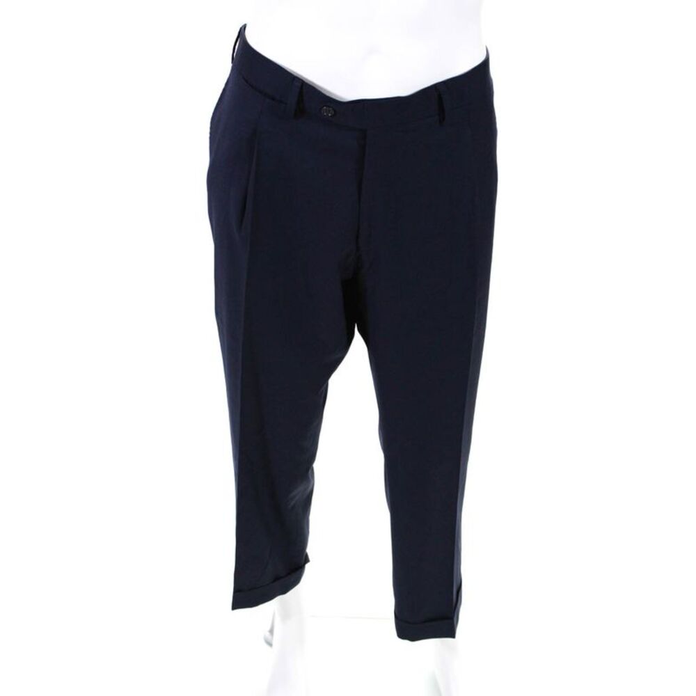 Designer Mens Pleated Tapered Leg Twill Dress Pants Navy Blue Wool Size 40